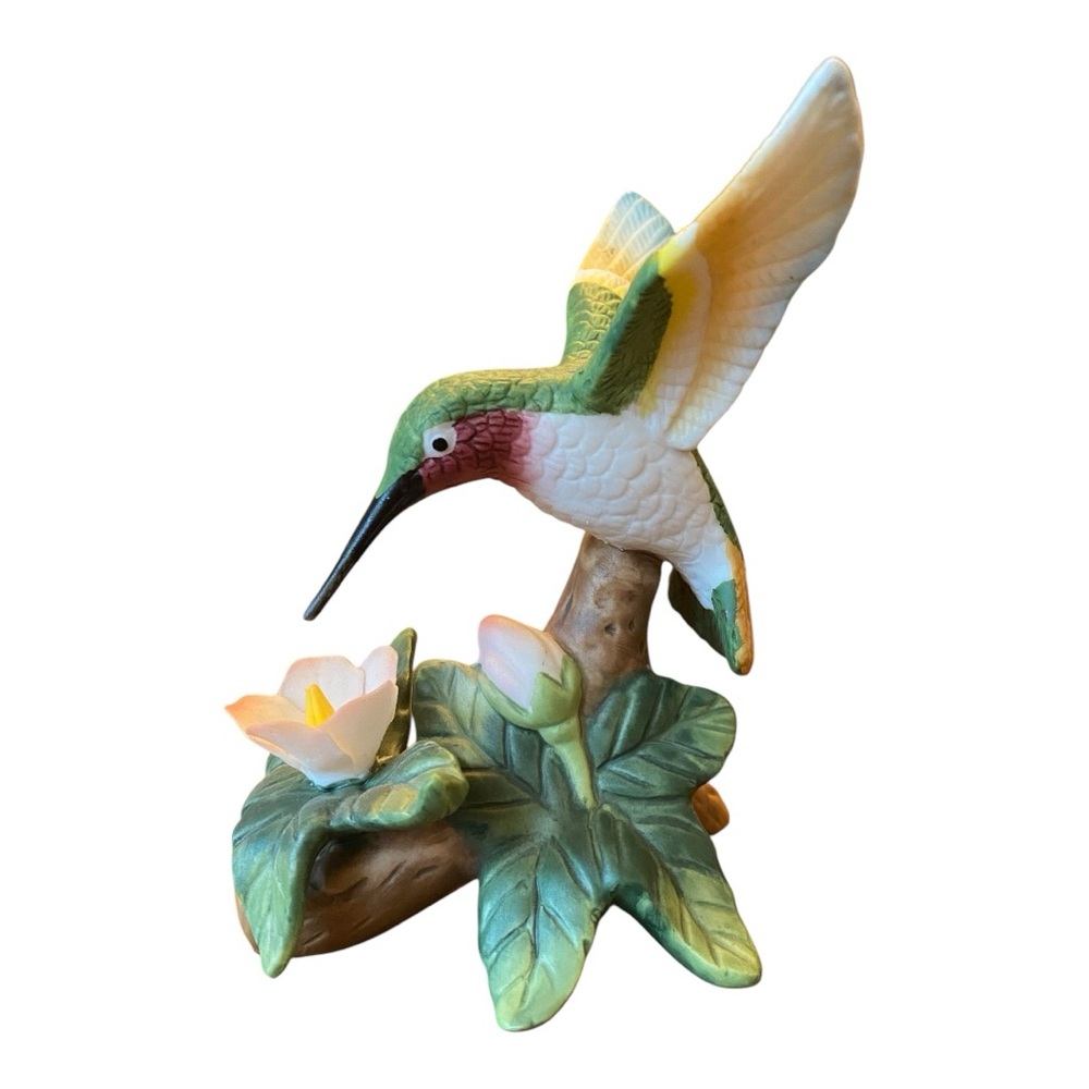 Vintage Porcelain Ruby-Throated Hummingbird Flower Figurine